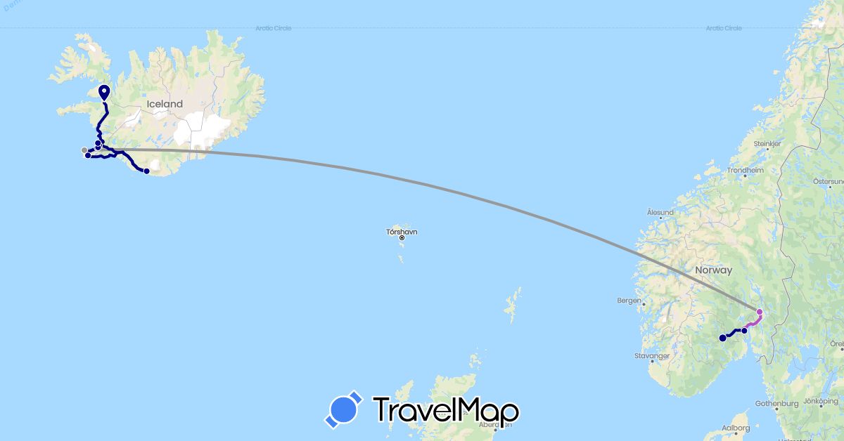 TravelMap itinerary: driving, plane, train in Iceland, Norway (Europe)
